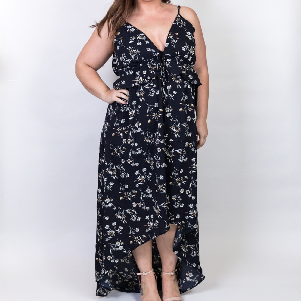Plus Size Hi Low V Neckline Plunge Maxi Dress - Picture 3 of 5